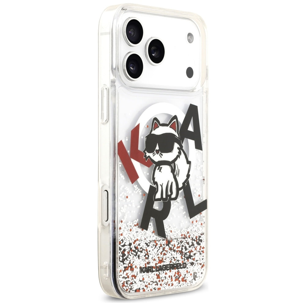 Coque MagSafe pour Apple iPhone 17 Pro Max, Karl Lagerfeld, Logo Paillettes Liquides Choupette, Transparente