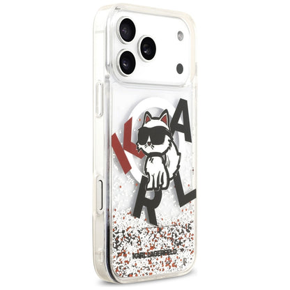 Coque MagSafe pour Apple iPhone 17 Pro Max, Karl Lagerfeld, Logo Paillettes Liquides Choupette, Transparente