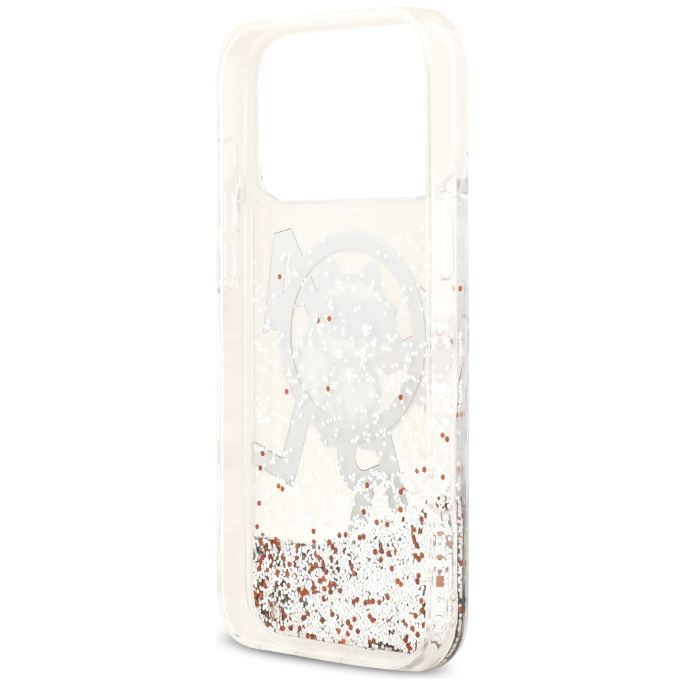 Coque MagSafe pour Apple iPhone 17 Pro Max, Karl Lagerfeld, Logo Paillettes Liquides Choupette, Transparente
