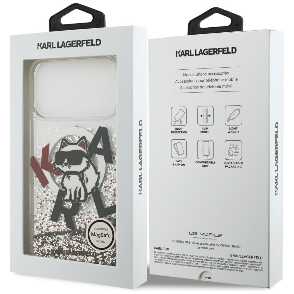 Coque MagSafe pour Apple iPhone 17 Pro Max, Karl Lagerfeld, Logo Paillettes Liquides Choupette, Transparente