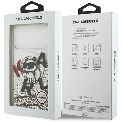 Coque MagSafe pour Apple iPhone 17 Pro Max, Karl Lagerfeld, Logo Paillettes Liquides Choupette, Transparente
