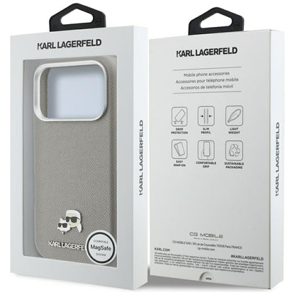 MagSafe Hülle für Apple iPhone 17 Pro Max, Karl Lagerfeld, Saffiano Karl & Choupette Pins, Grau