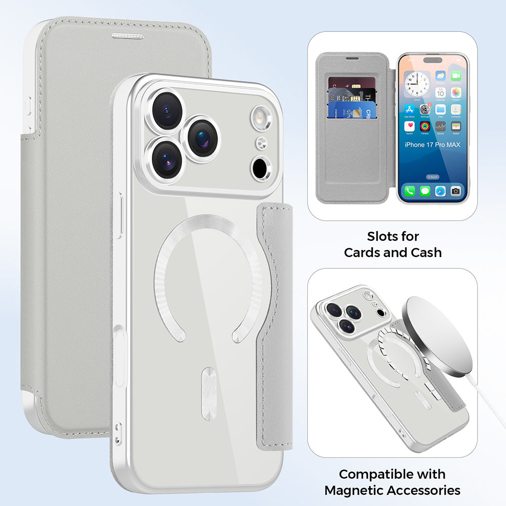 Housse MagSafe pour Apple iPhone 17 Pro Max, Techsuit, SmartMag Book, Gris