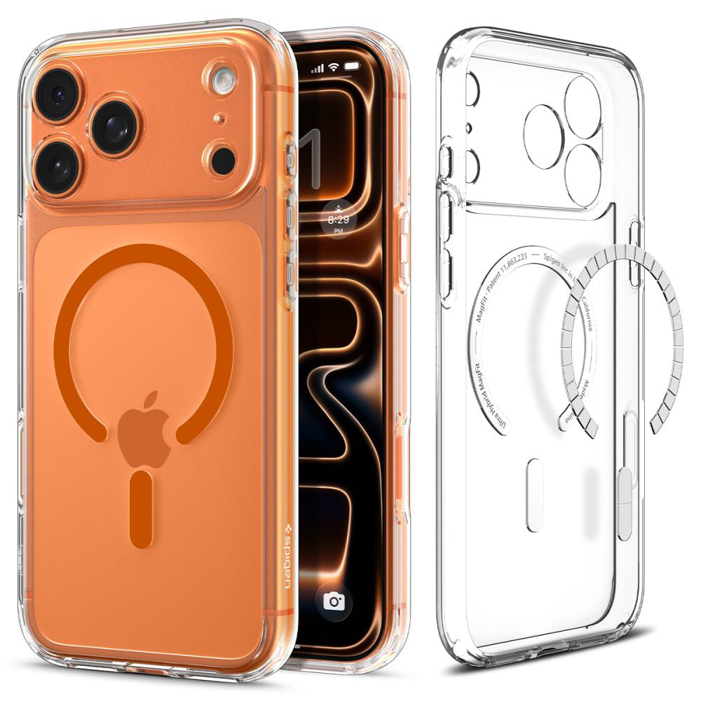 Coque MagSafe pour Apple iPhone 17 Pro, Spigen, Ultra Hybrid, Orange Transparente