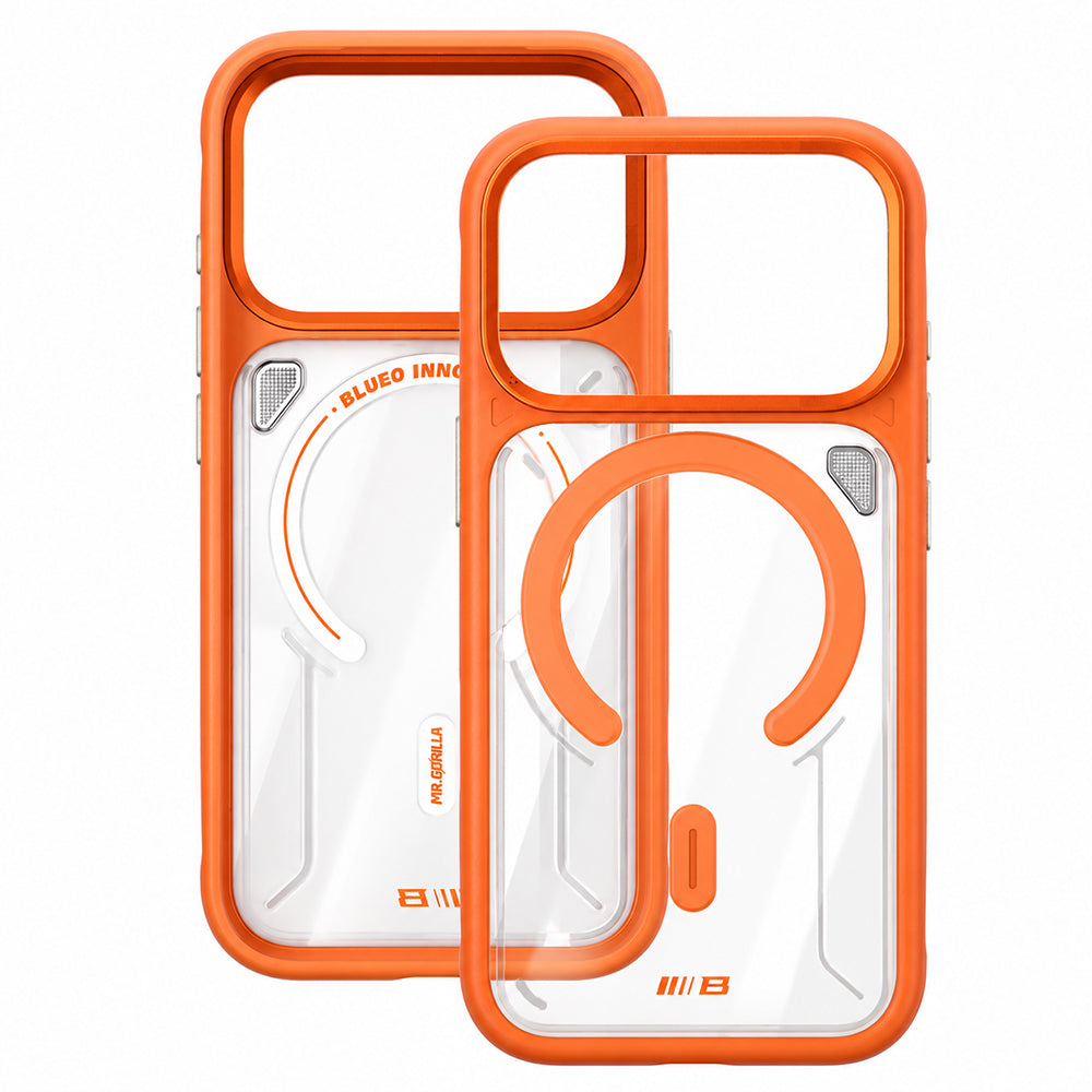 Coque MagSafe pour Apple iPhone 18 Pro / 17 Pro, Blueo, support dissipateur de chaleur, orange transparent satiné