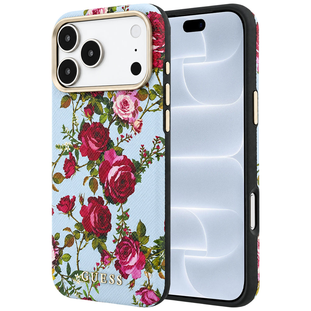 Coque MagSafe pour Apple iPhone 18 Pro / 17 Pro, Guess, Blossom Roses Print, bleu