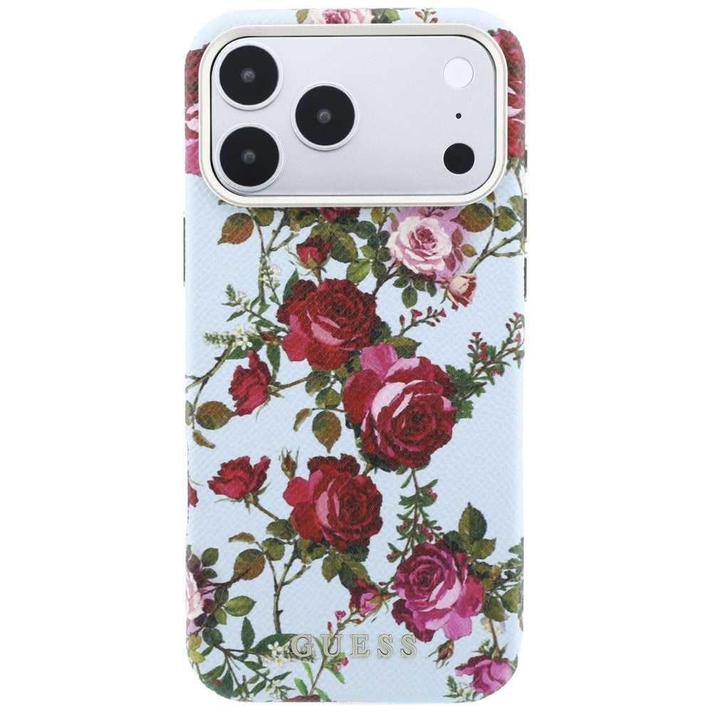Coque MagSafe pour Apple iPhone 18 Pro / 17 Pro, Guess, Blossom Roses Print, bleu
