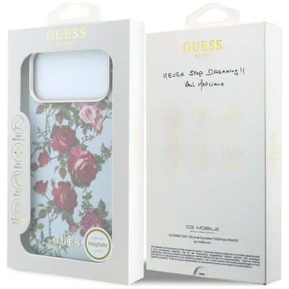 Coque MagSafe pour Apple iPhone 18 Pro / 17 Pro, Guess, Blossom Roses Print, bleu