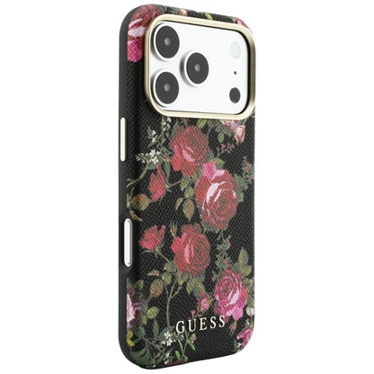 MagSafe-Hülle für Apple iPhone 18 Pro / 17 Pro, Guess, Blossom Roses Print, Schwarz