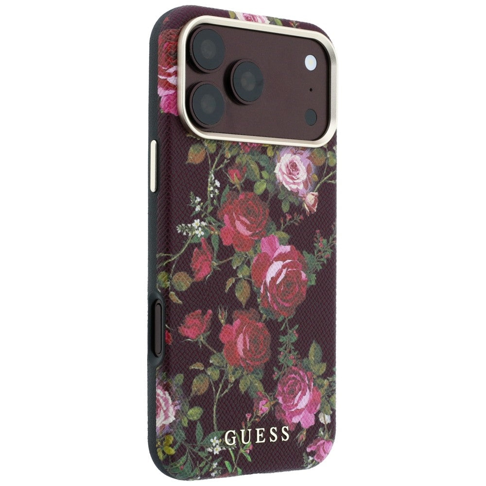Coque MagSafe pour Apple iPhone 18 Pro / 17 Pro, Guess, Blossom Roses Print, bordeaux