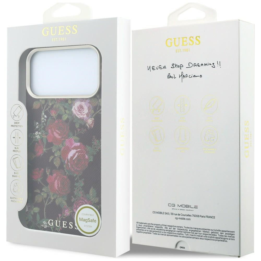 Coque MagSafe pour Apple iPhone 18 Pro / 17 Pro, Guess, Blossom Roses Print, bordeaux
