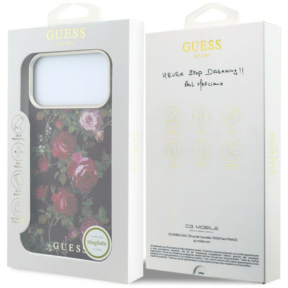Coque MagSafe pour Apple iPhone 18 Pro / 17 Pro, Guess, Blossom Roses Print, bordeaux