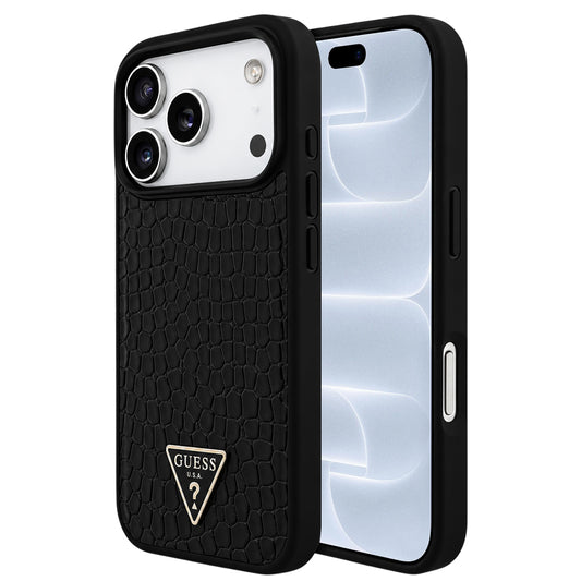 Coque MagSafe pour Apple iPhone 18 Pro / 17 Pro, Guess, Croco Triangle Logo, noire