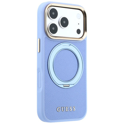 MagSafe-Hülle für Apple iPhone 18 Pro / 17 Pro, Guess, Grained Ring Stand 360 Classic, Hellblau