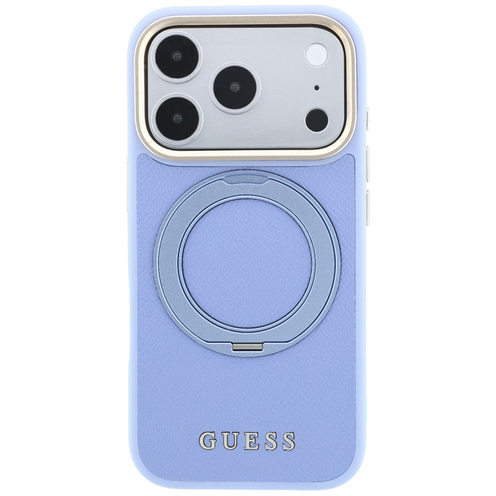MagSafe-Hülle für Apple iPhone 18 Pro / 17 Pro, Guess, Grained Ring Stand 360 Classic, Hellblau