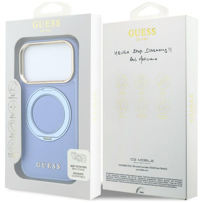 MagSafe-Hülle für Apple iPhone 18 Pro / 17 Pro, Guess, Grained Ring Stand 360 Classic, Hellblau