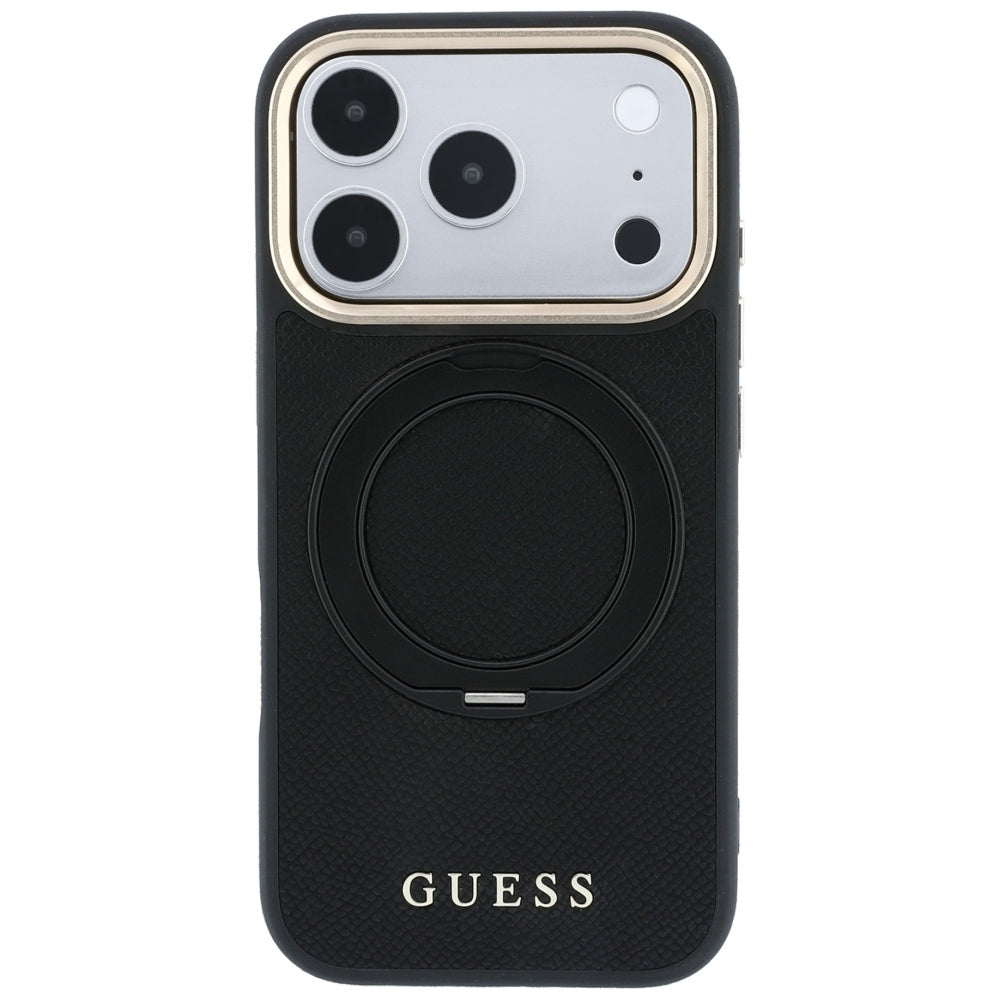 Coque MagSafe pour Apple iPhone 18 Pro / 17 Pro, Guess, Grained Ring Stand 360 Classic, noire