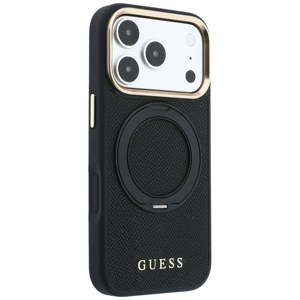 Coque MagSafe pour Apple iPhone 18 Pro / 17 Pro, Guess, Grained Ring Stand 360 Classic, noire