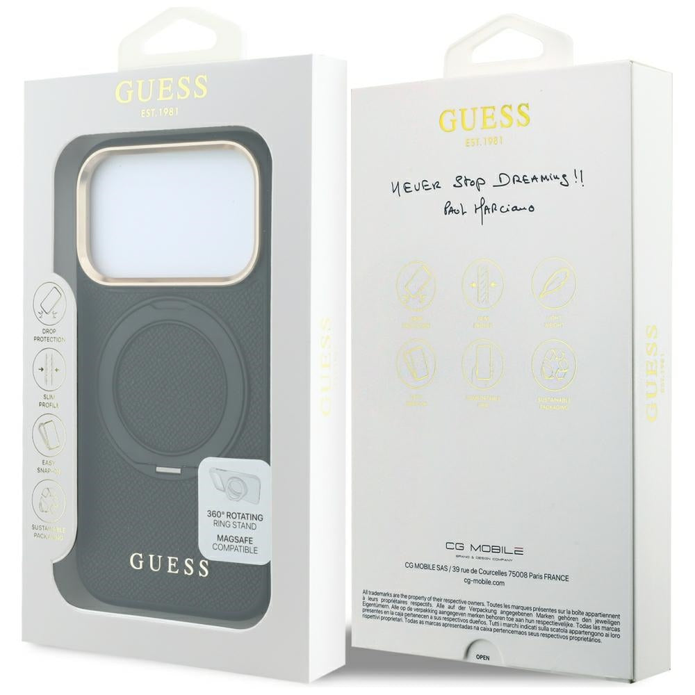 Coque MagSafe pour Apple iPhone 18 Pro / 17 Pro, Guess, Grained Ring Stand 360 Classic, noire
