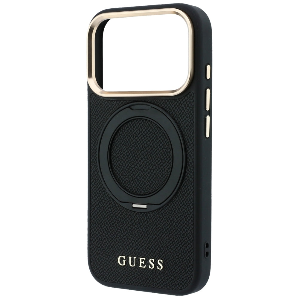 Coque MagSafe pour Apple iPhone 18 Pro / 17 Pro, Guess, Grained Ring Stand 360 Classic, noire