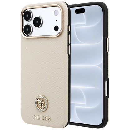 MagSafe-Hülle für Apple iPhone 18 Pro / 17 Pro, Guess, genarbtes rundes Strass-Logo, Beige