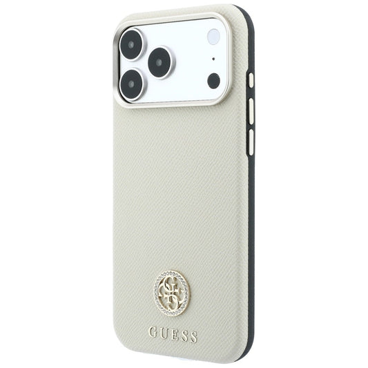 Coque MagSafe pour Apple iPhone 18 Pro / 17 Pro, Guess, Logo Strass Rond Grainé, Beige