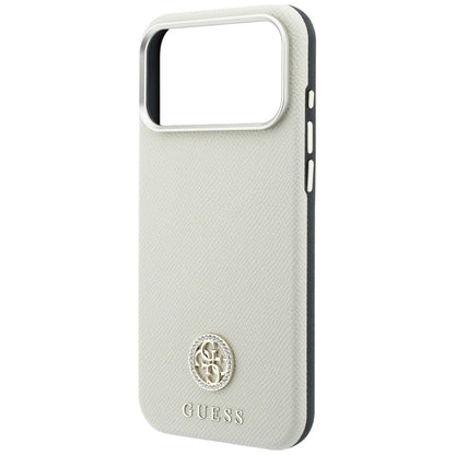 MagSafe-Hülle für Apple iPhone 18 Pro / 17 Pro, Guess, genarbtes rundes Strass-Logo, Beige