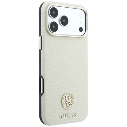MagSafe-Hülle für Apple iPhone 18 Pro / 17 Pro, Guess, genarbtes rundes Strass-Logo, Beige
