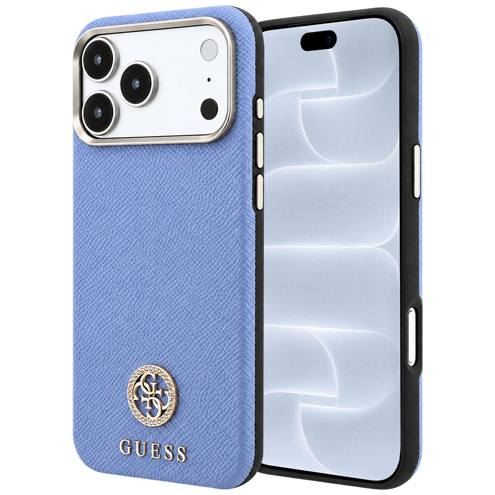MagSafe-Hülle für Apple iPhone 18 Pro / 17 Pro, Guess, genarbtes rundes Strass-Logo, Blau