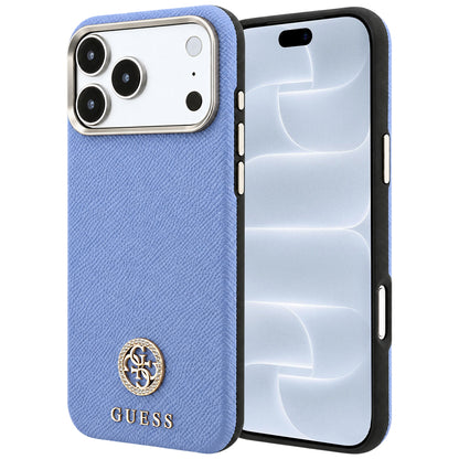 MagSafe-Hülle für Apple iPhone 18 Pro / 17 Pro, Guess, genarbtes rundes Strass-Logo, Blau