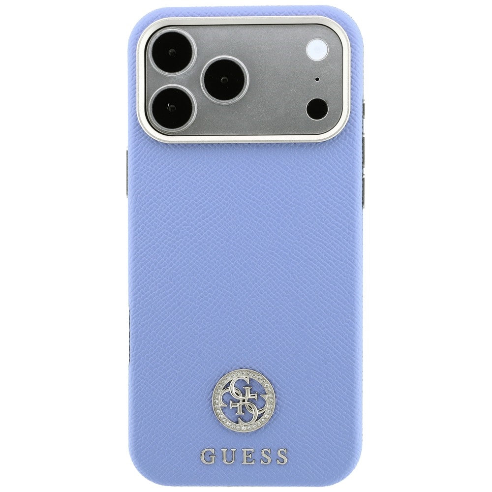 MagSafe-Hülle für Apple iPhone 18 Pro / 17 Pro, Guess, genarbtes rundes Strass-Logo, Blau