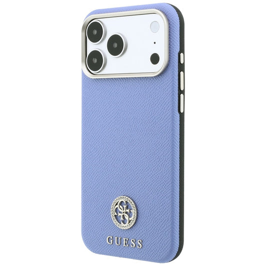 Coque MagSafe pour Apple iPhone 18 Pro / 17 Pro, Guess, Logo Strass Rond Grainé, Bleu
