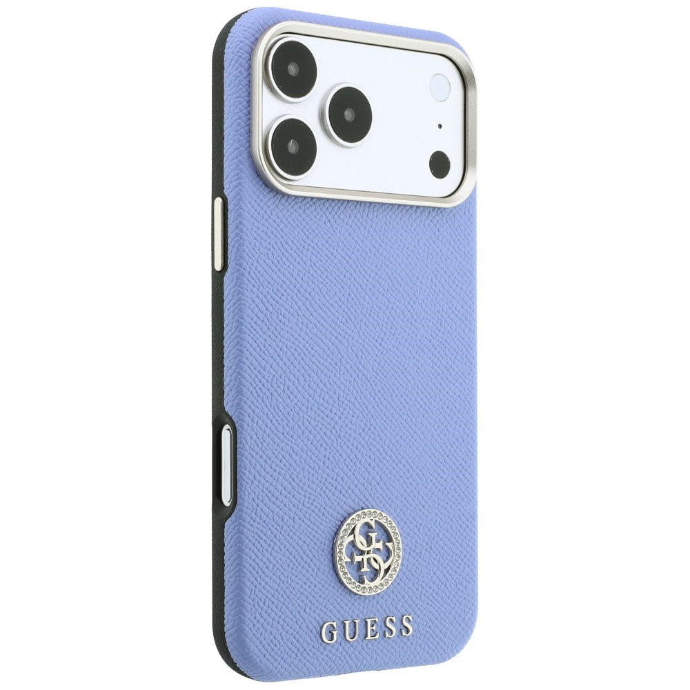 MagSafe-Hülle für Apple iPhone 18 Pro / 17 Pro, Guess, genarbtes rundes Strass-Logo, Blau