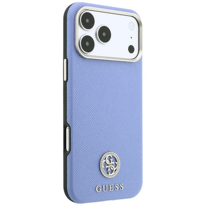MagSafe-Hülle für Apple iPhone 18 Pro / 17 Pro, Guess, genarbtes rundes Strass-Logo, Blau