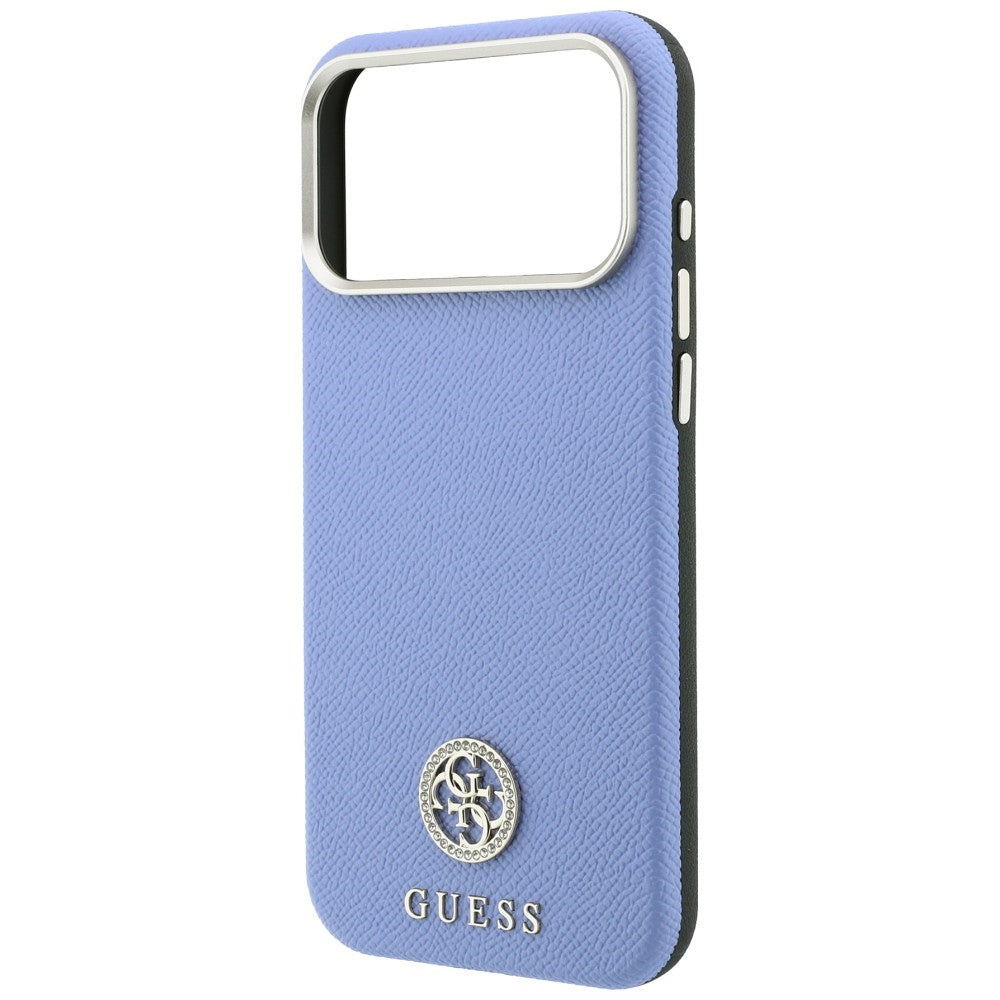 MagSafe-Hülle für Apple iPhone 18 Pro / 17 Pro, Guess, genarbtes rundes Strass-Logo, Blau