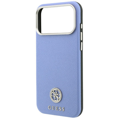 MagSafe-Hülle für Apple iPhone 18 Pro / 17 Pro, Guess, genarbtes rundes Strass-Logo, Blau