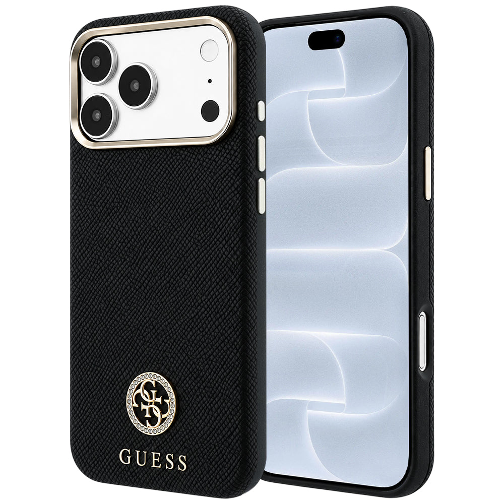 MagSafe-Hülle für Apple iPhone 18 Pro / 17 Pro, Guess, genarbtes rundes Strass-Logo, schwarz
