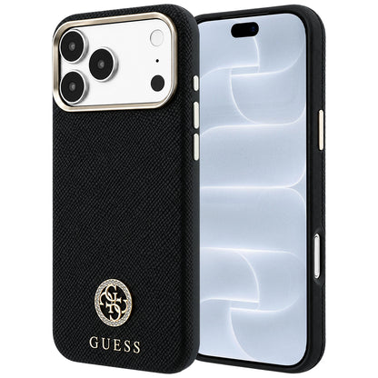 MagSafe-Hülle für Apple iPhone 18 Pro / 17 Pro, Guess, genarbtes rundes Strass-Logo, schwarz