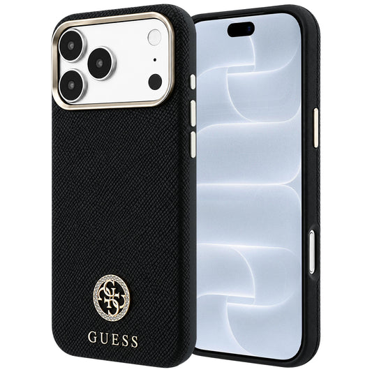 Coque MagSafe pour Apple iPhone 18 Pro / 17 Pro, Guess, Logo Strass Rond Grainé, Noire
