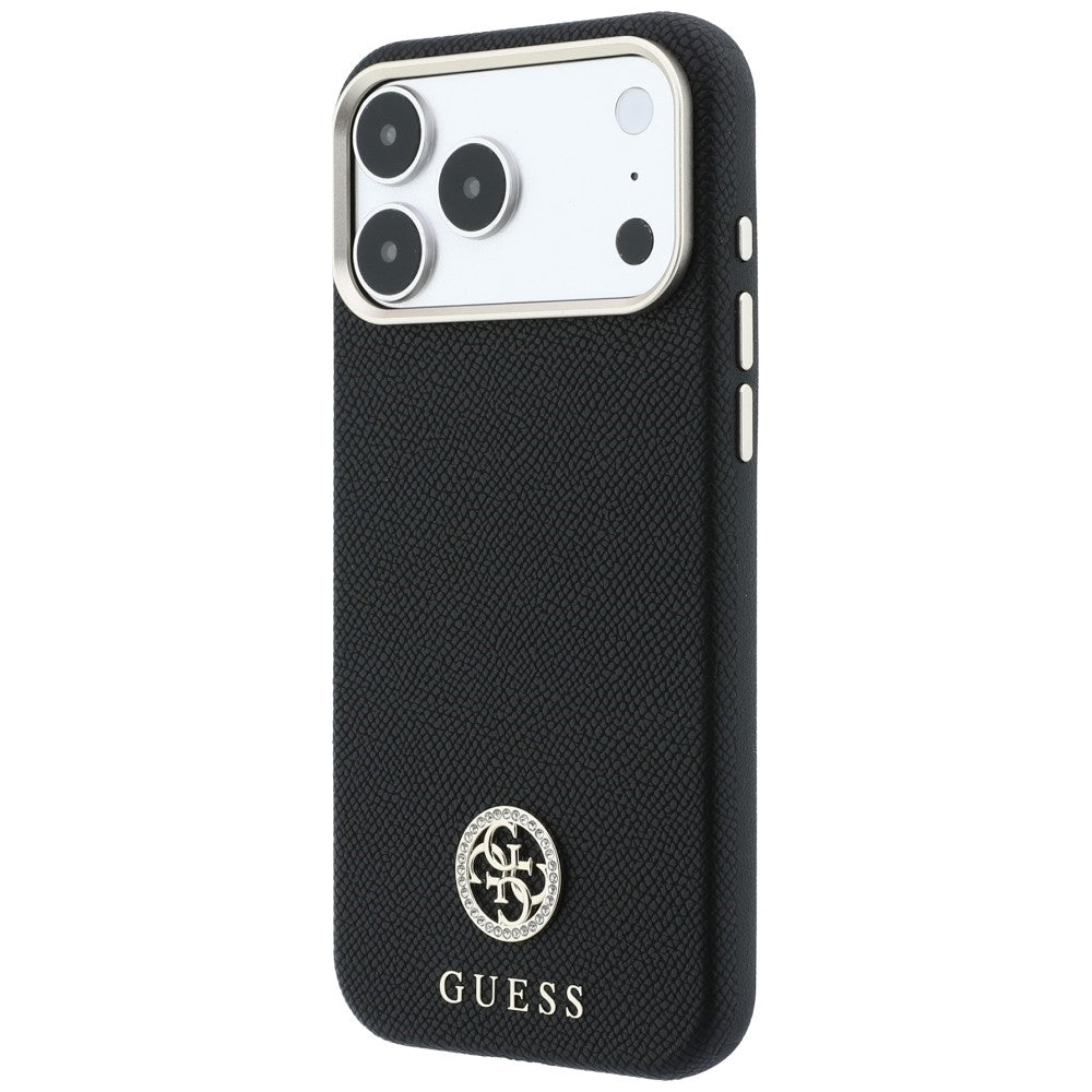 MagSafe-Hülle für Apple iPhone 18 Pro / 17 Pro, Guess, genarbtes rundes Strass-Logo, schwarz