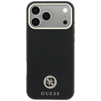 MagSafe-Hülle für Apple iPhone 18 Pro / 17 Pro, Guess, genarbtes rundes Strass-Logo, schwarz