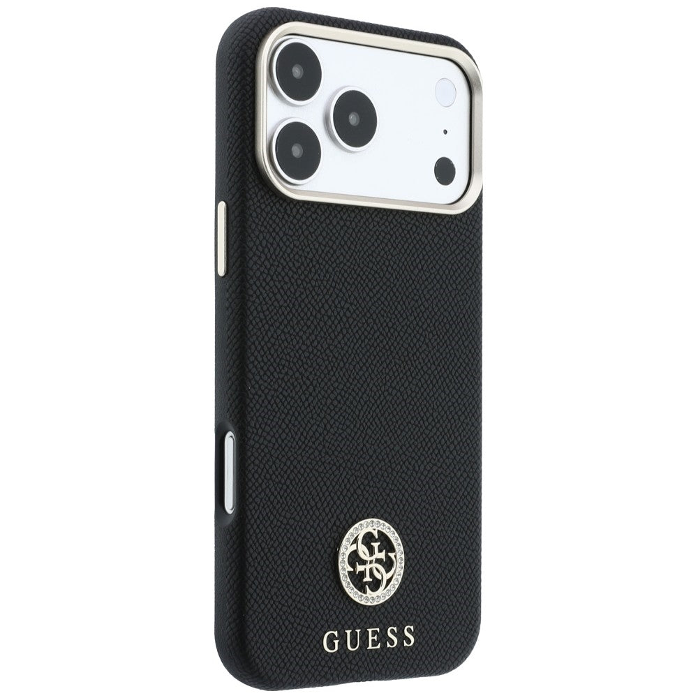 MagSafe-Hülle für Apple iPhone 18 Pro / 17 Pro, Guess, genarbtes rundes Strass-Logo, schwarz