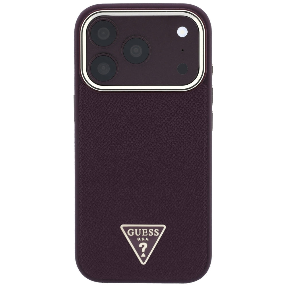 Coque MagSafe pour Apple iPhone 18 Pro / 17 Pro, Guess, Logo Triangle Grainé, Bordeaux