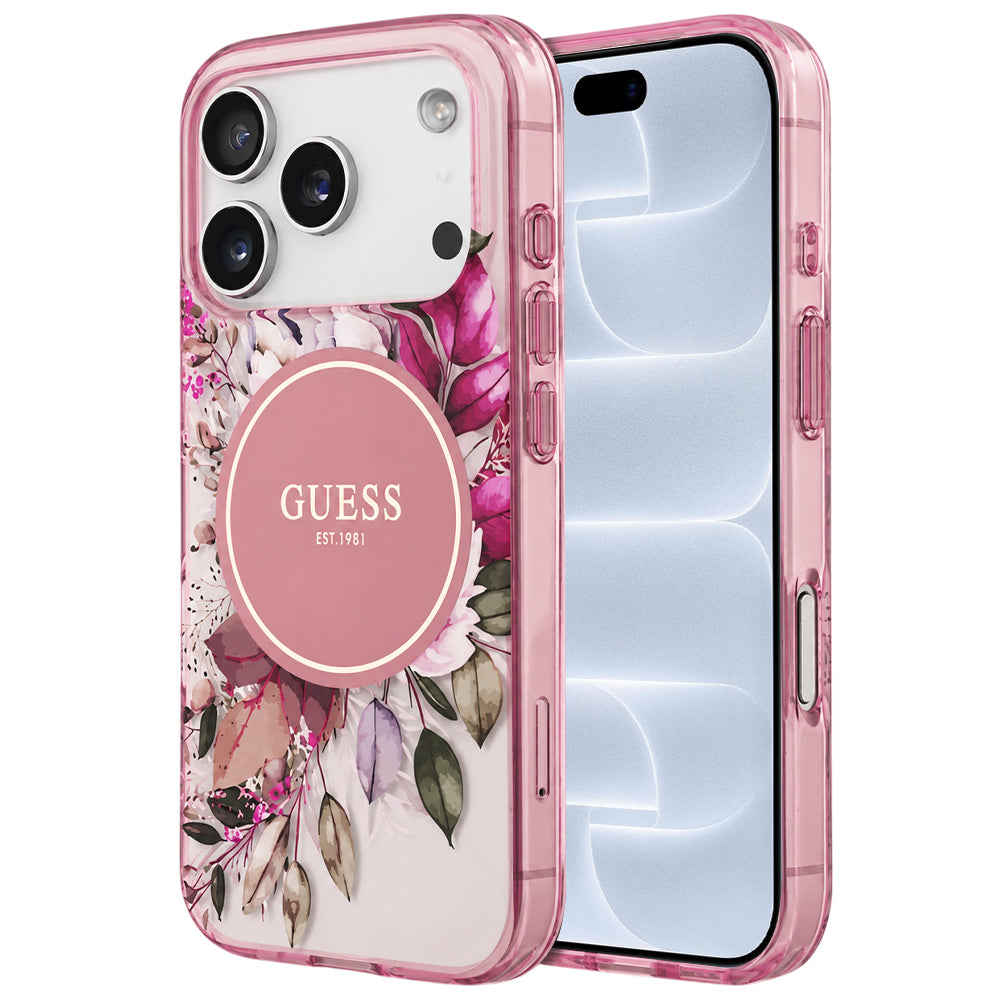 Coque MagSafe pour Apple iPhone 18 Pro / 17 Pro, Guess, IML Flower & Tonal Circle, rose