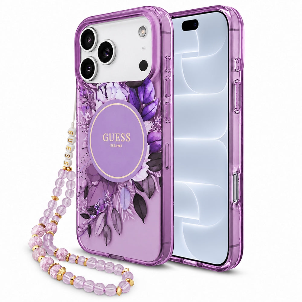 Coque MagSafe pour Apple iPhone 18 Pro / 17 Pro, Guess, IML Flowers with Pearl Strap, violette