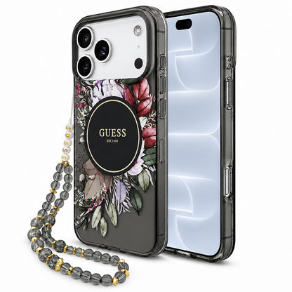 Coque MagSafe pour Apple iPhone 18 Pro / 17 Pro, Guess, IML Flowers with Pearl Strap, noire