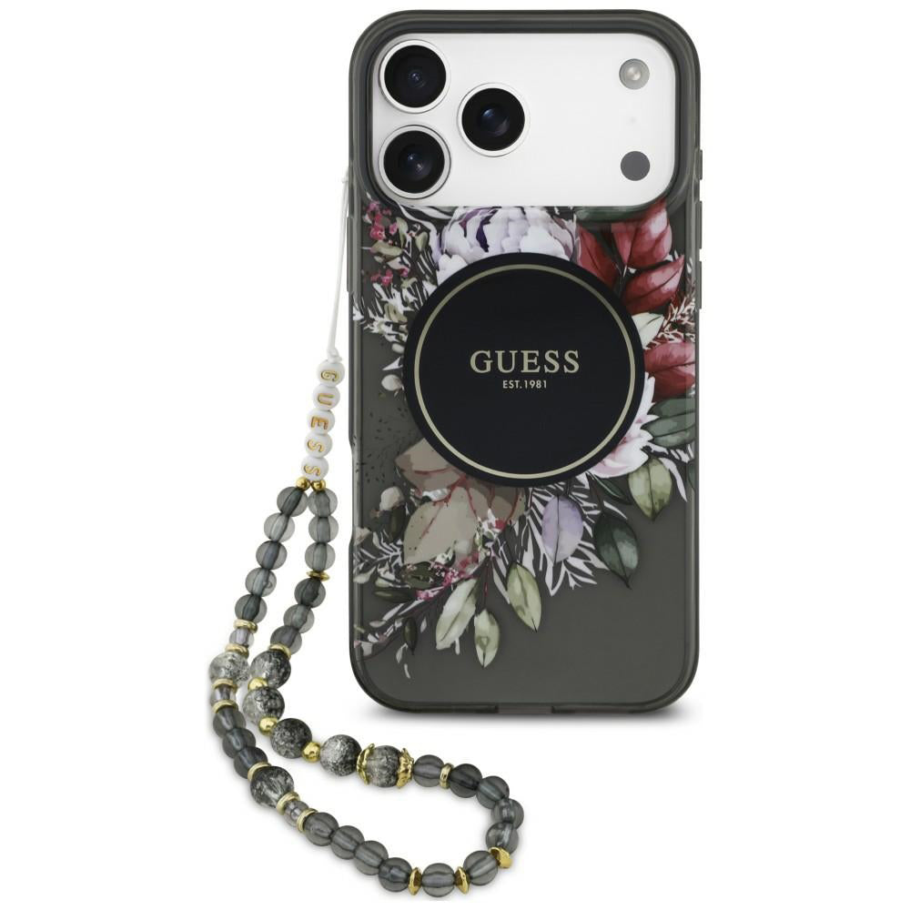 Coque MagSafe pour Apple iPhone 18 Pro / 17 Pro, Guess, IML Flowers with Pearl Strap, noire