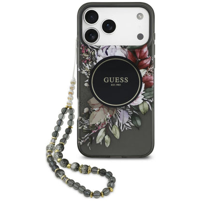 Coque MagSafe pour Apple iPhone 18 Pro / 17 Pro, Guess, IML Flowers with Pearl Strap, noire
