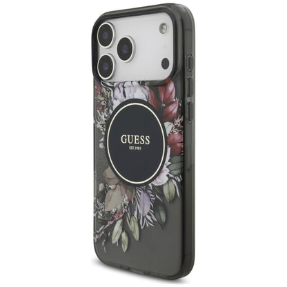 Coque MagSafe pour Apple iPhone 18 Pro / 17 Pro, Guess, IML Flowers with Pearl Strap, noire