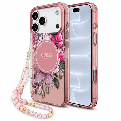 Coque MagSafe pour Apple iPhone 18 Pro / 17 Pro, Guess, IML Flowers with Pearl Strap, rose